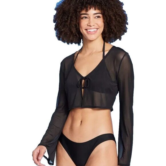NWT-Wild Fable-Front tie Cropped Mesh Cover Up Cardigan - Black- Size Small - Picture 1 of 9
